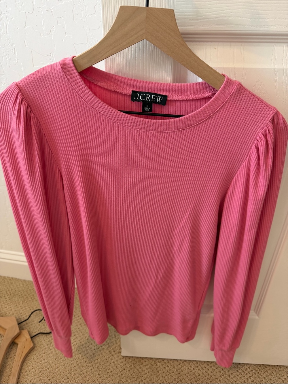 J. Crew Bright Pink Ribbed Puff-Sleeve Long Sleeve Top